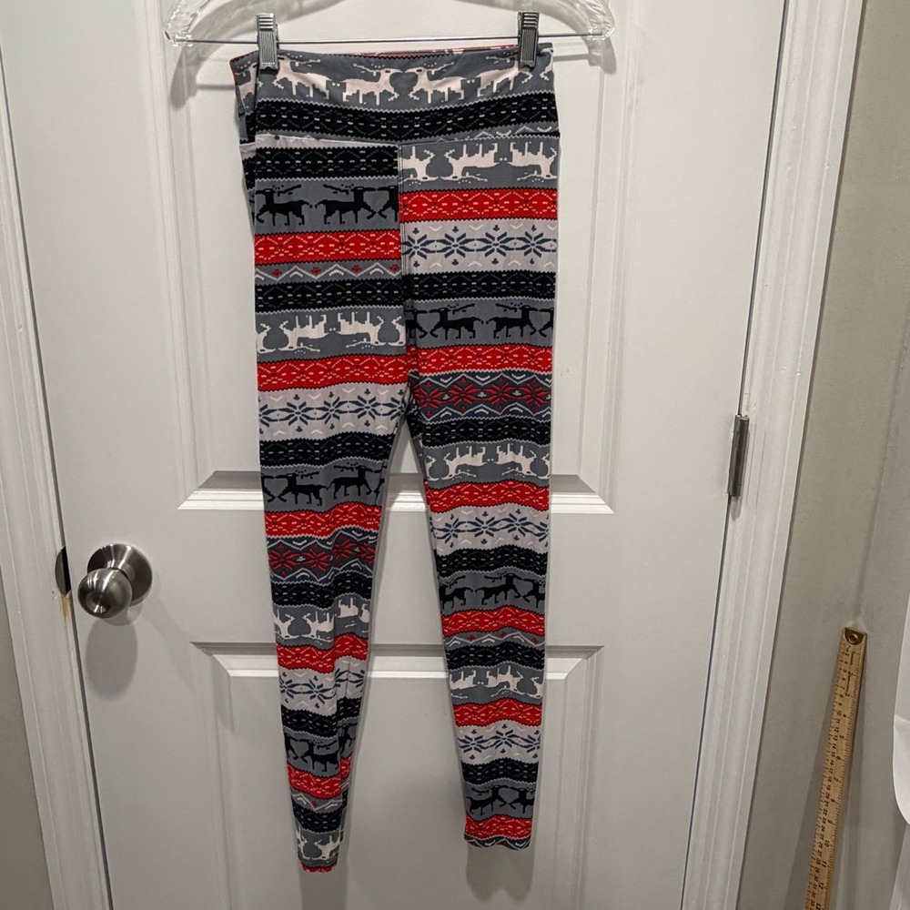 Unbranded Mens Leggings Fair Isle Reindeer Christmas Gray Red S/M
